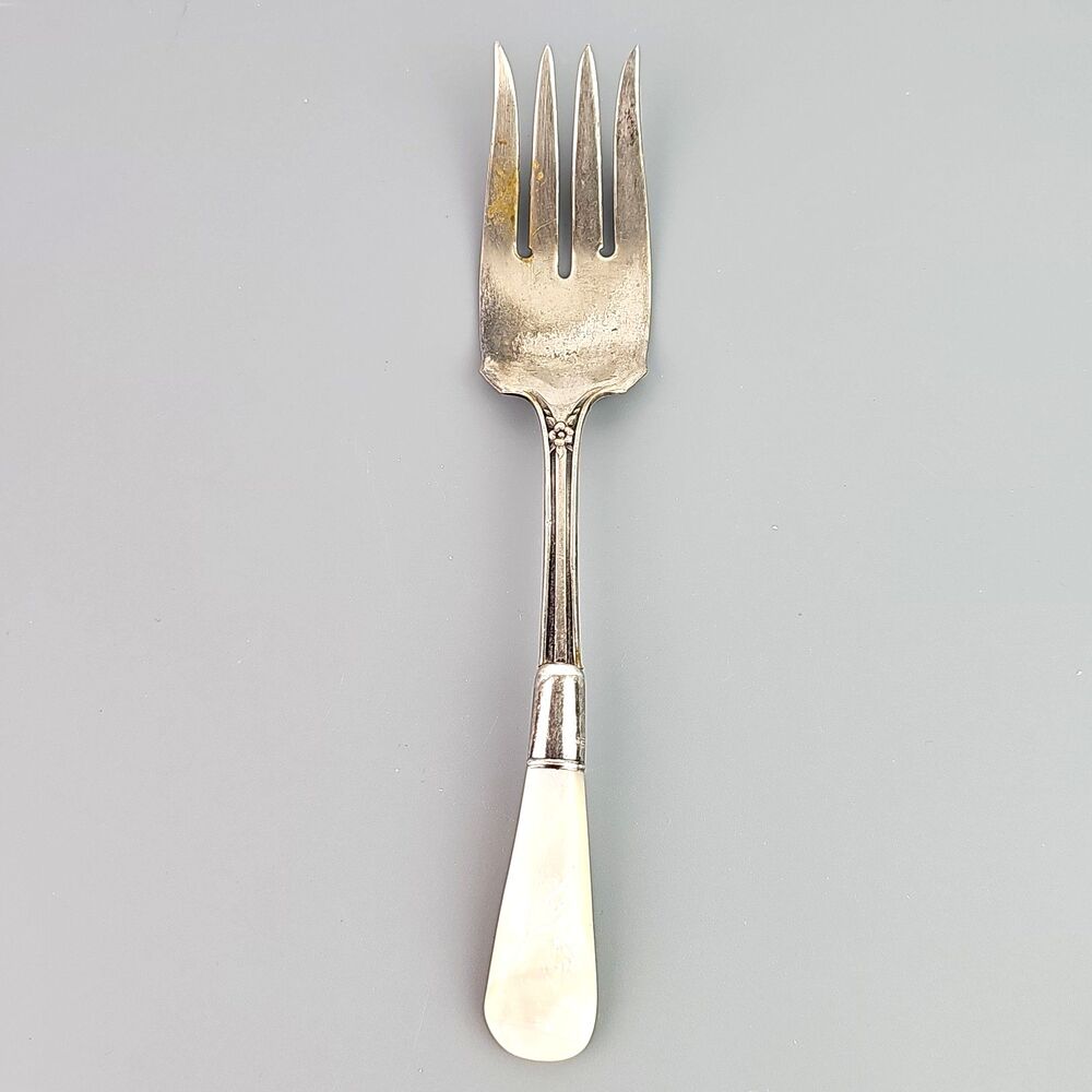 Sheffield Mother of Pearl Shell Handle Silver Plate Cold Meat Serving Fork 8.5in